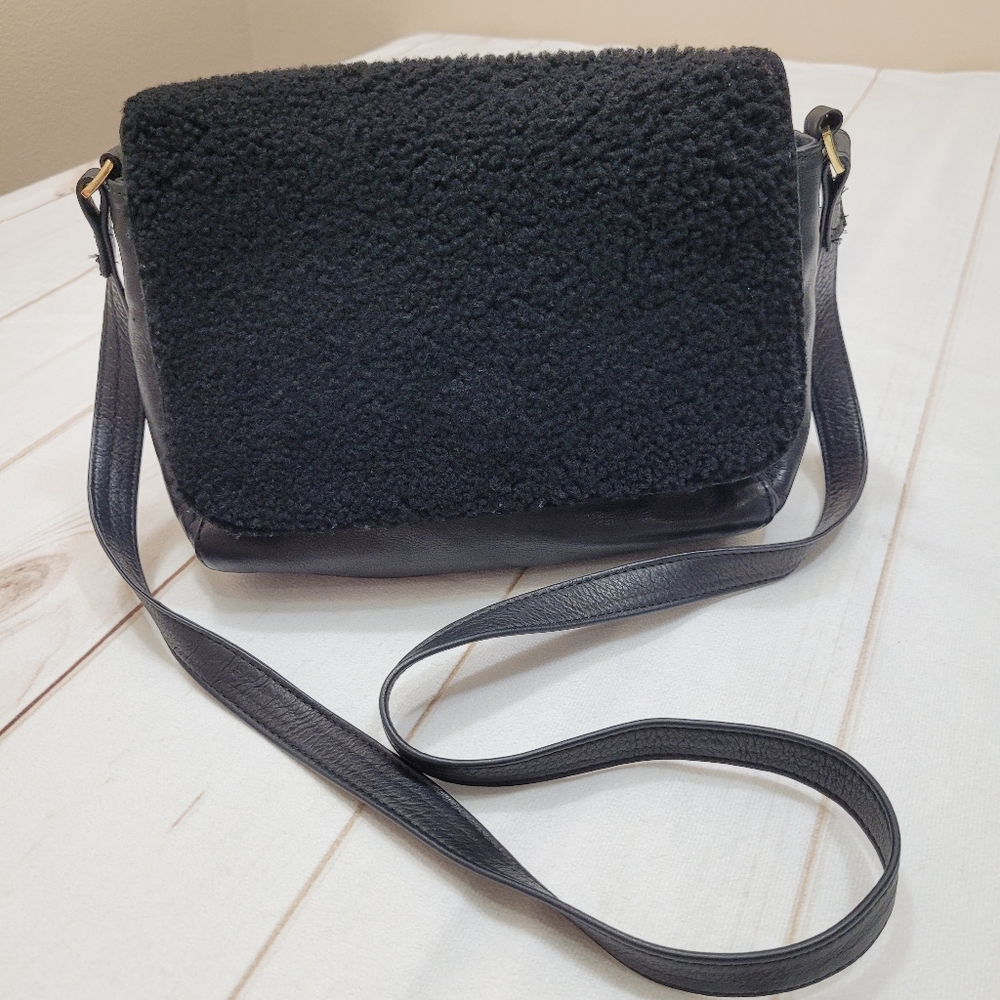 Clare V Louise black leather shearling shoulder bag flap purse